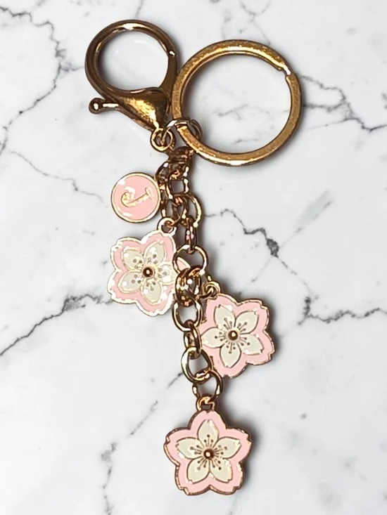 Gold-Tone Pink & White Floral Charm Keychain with Various Initial Charms- NEW