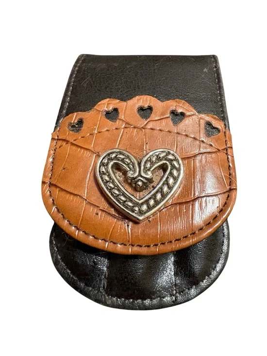 Brown & Black Leather Heart Manicure Case with Tweezers Clippers & File