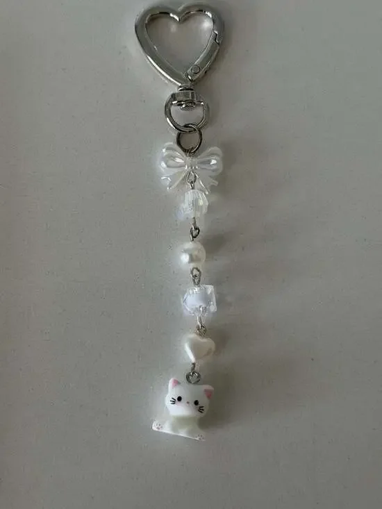 Coquette Style White Cat Beaded Keychain with Bow and Heart Charm