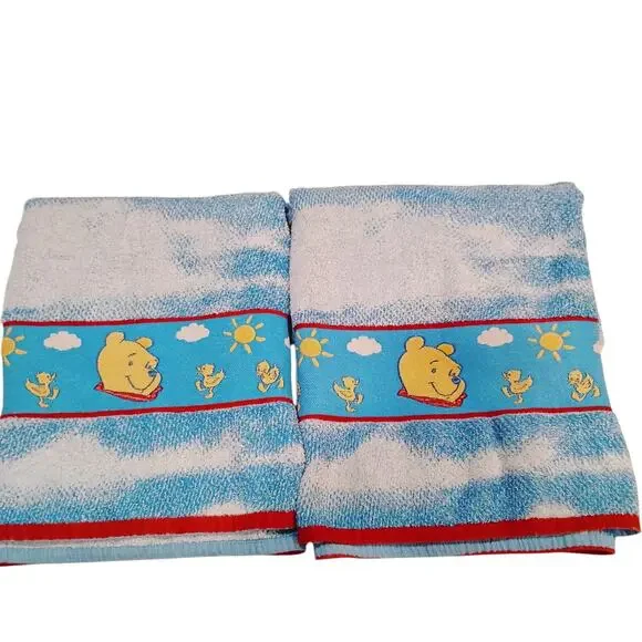 VTG Winnie the Pooh Bath Towels Heavyweight Set Cranberry Sky Blue White 50
