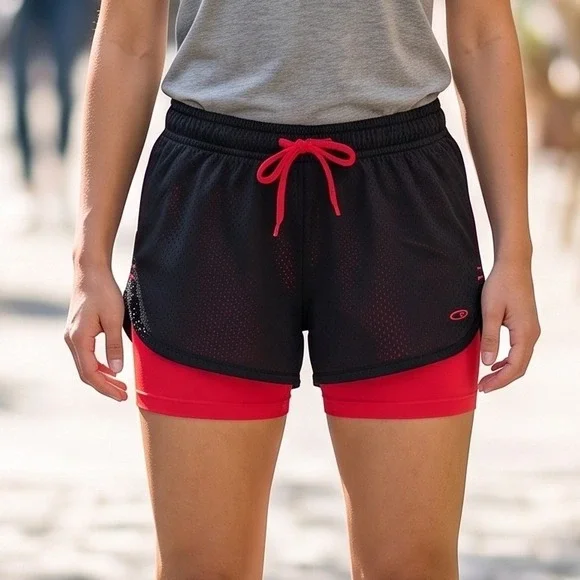 C9 Champion Mens 2-in-1 Mesh Athletic Shorts Black Red Drawstring Activewear
