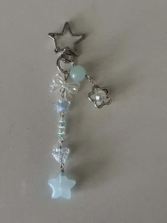 Handmade Blue Aesthetic Star and Bow Beaded Keychain Bag Charm