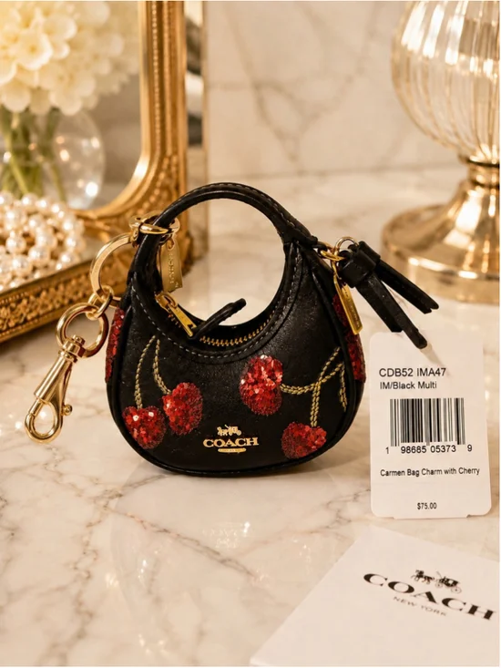NEW Coach Carmen Mini Bag Charm with Sequin Black Cherry Print Black Multi NWT