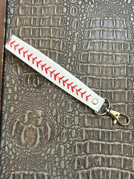 Baseball Stitch Faux Leather Wristlet Keychain Strap White & Red
