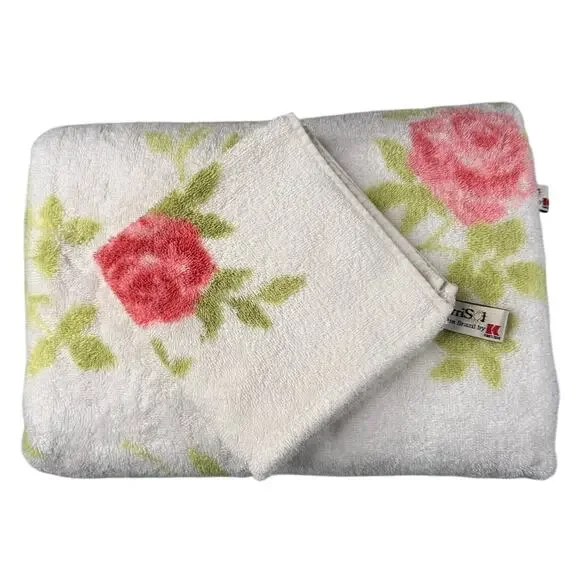 Vintage TerriSol Brazil Bath Towel w/Washcloth Set Pink Roses Shabby Chic Floral