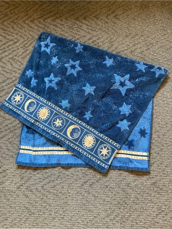 Vtg 90s Springmaid Celestial Bath Towel Navy Blue Sun Moon Stars Y2K Whimsigoth