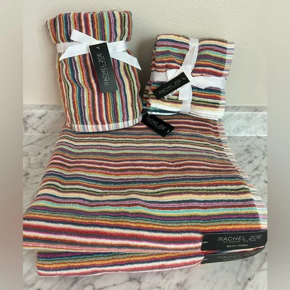 8pc Rachel Zoe Cotton Rainbow Striped Multicolored Bath Hand Washcloth Towel Set