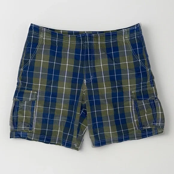 L.L.Bean Mens Plaid Cargo Swim Trunks Blue Green Size 38 Lined 9
