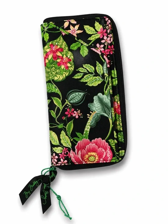 Vera Bradley Botanica 2007 Zip Around Wallet Black Pink Floral Organizer NWOT