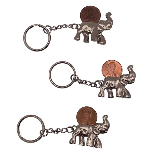 Set of 3 Vintage Silver Tone Good Luck Elephant Keychains Lucky Penny Holder