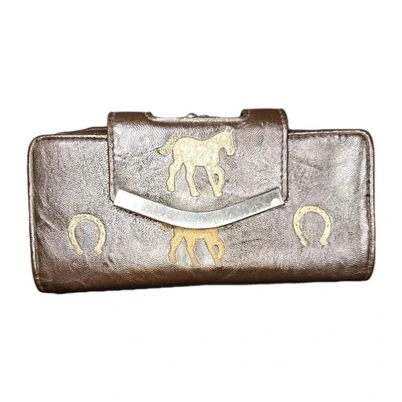 Vintage Western Horse‎ Horseshoe Brown Faux Leather Kiss Lock Trifold Wallet