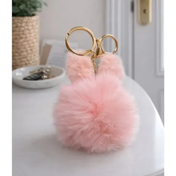 Pink Fur Pom Pom Bunny Ears Bag Charm Key Chain