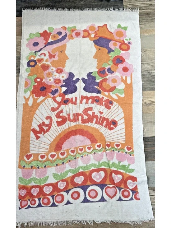 Vintage Fringed Groovy Beach Towel Hippie Flower Power “You Make My Sunshine”