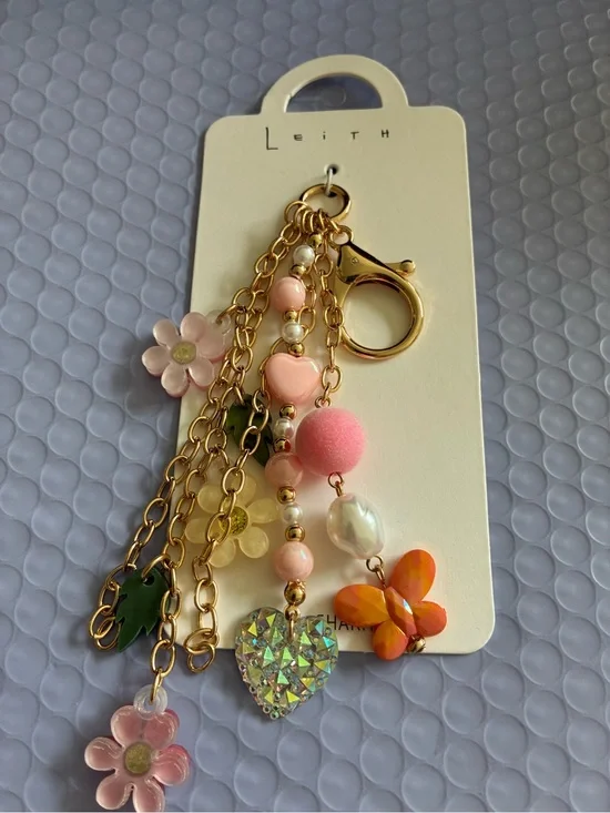 Leith Gold-Tone Pink decorative bag charm or Floral Charm Keychain