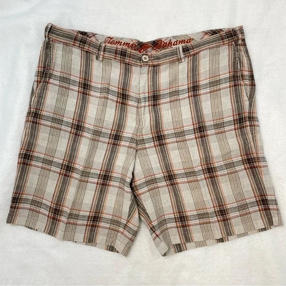 Tommy Bahama plaid linen and silk men’s flat front shorts, pockets size 42 waist