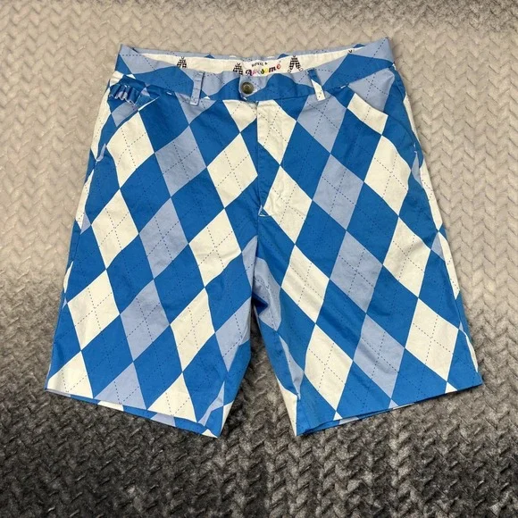 Royal & Awesome Golf Shorts Mens Size 34 Blue Argyle Cotton Stretch Outdoor