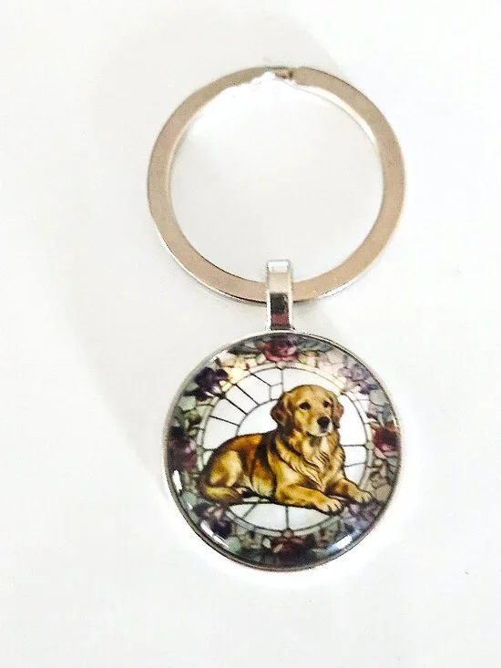 Golden Retriever Keychain Round Glass Cabochon Dog Lover Gift Silver Tone Charm