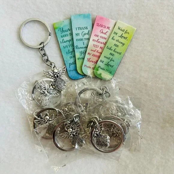 Lot Gift Bag Angel Silver Key Chains and Bible Verse Magnetic Bookmarks