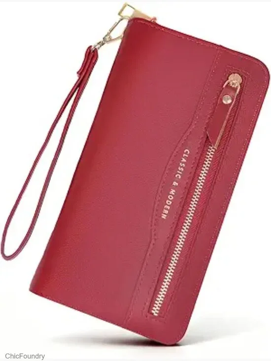 PU Leather Zip Around Wristlet Wallet with Detachable Strap Large Capacity