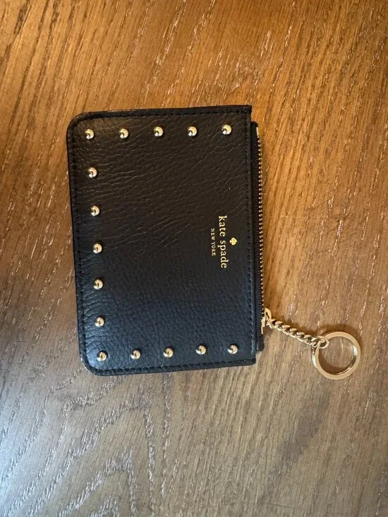 Kate Spade key wallet and card holder, black leather with gold rivets- Like New