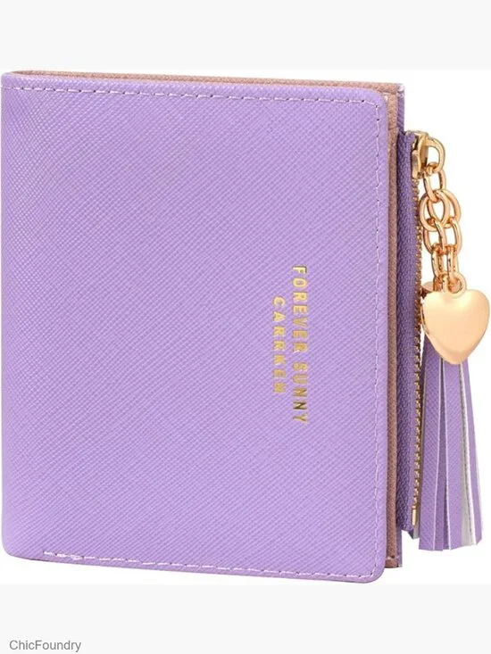 Mini Zip Coin Purse Card Holder Thin Bifold Wallet with Love Pendant Tassels