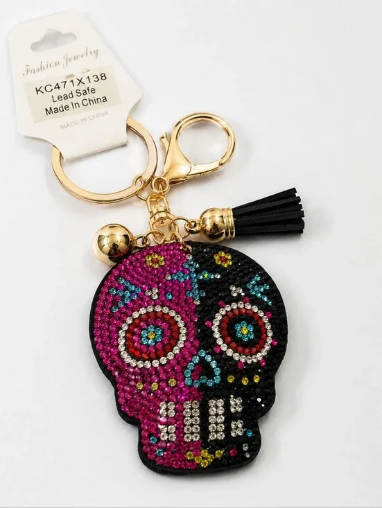 NWT Rhinestone Sugar Skull Keychain | Purse Charm | Tassel Bag Charm