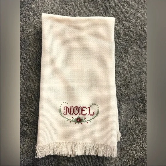 Christmas Noel Embroidered Cross-stitch Needlepoint Cream Hand Towel