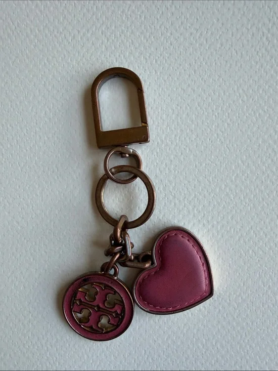 Tory Burch Rose Pink Leather Heart Keychain with Logo Medallion