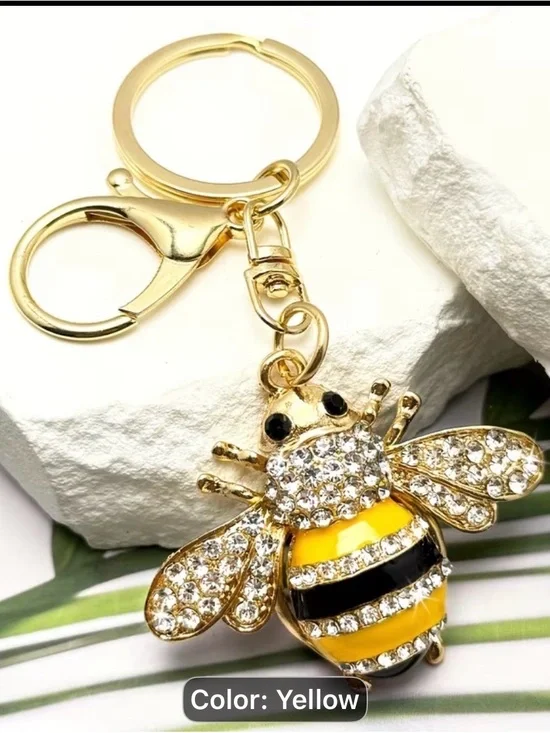 Gold-Tone Yellow Bee Crystal Keychain Key