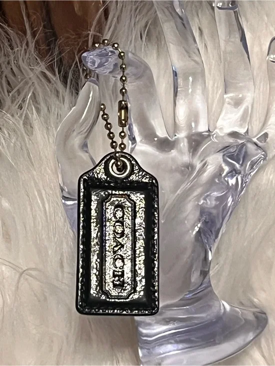Coach Black Leather Key Tag with Metal  chain