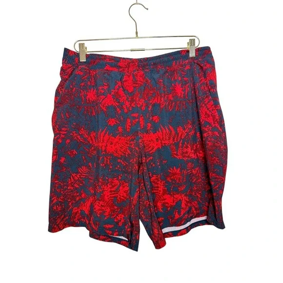 Lululemon Pace Breaker Lined Shorts 9 Mens XL Red Gray Tropical Fern Print