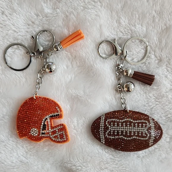 Orange Helmet and Brown Football Rhinestone Keychain Set