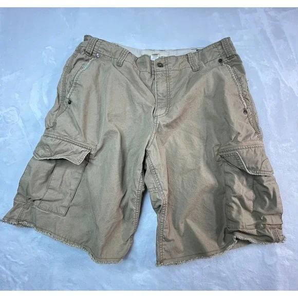 VTG OLD NAVY Mens 34 Shorts Khaki Tan Cargo Pocket Raw‎ Hem 10
