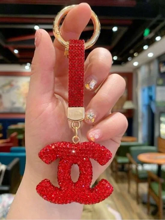 Red Crystal CC Logo Keychain Wristlet - 24K Gold Accent
