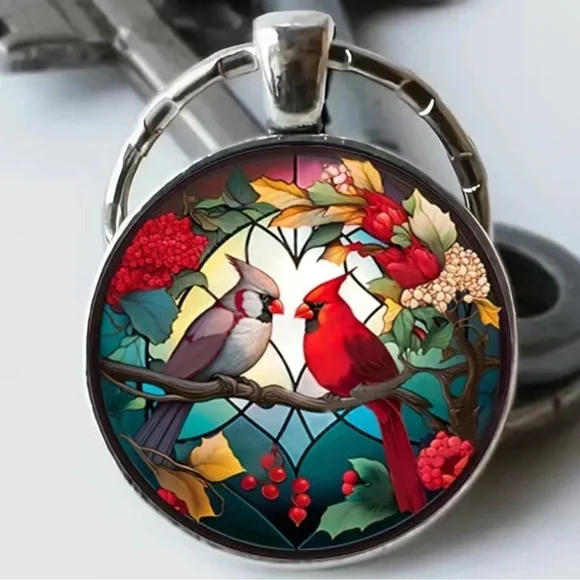 Cardinal Keychain Stained Glass Birds Motif Keyring Pendant Floral Multipurpose