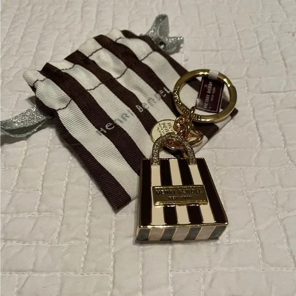 New Henri Bendel centennial stripe Shopping Bag Keychain Swarovski Crystals RARE