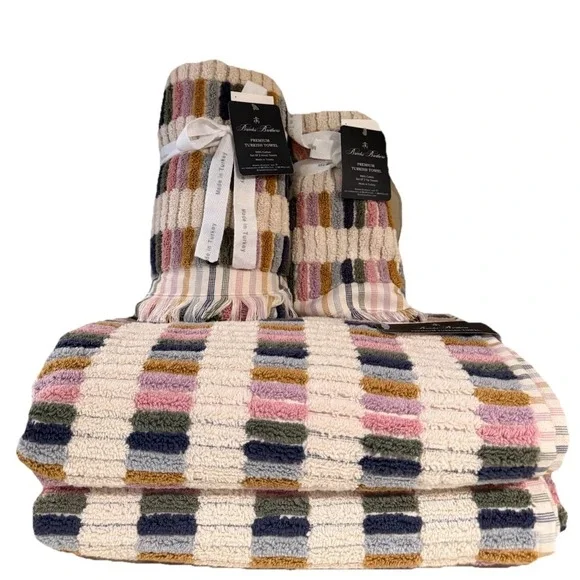 Brooks Brothers 2 Bath 2 Hand 2 Tip Towels Tiles  Multicolored Mosaic 100%Cotton
