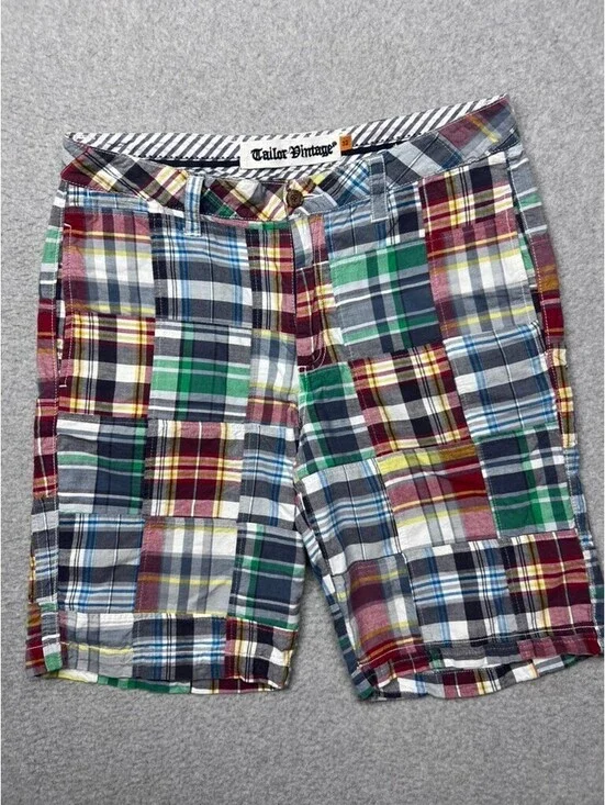 Mens Tailor Vintage Madras Plaid 100% Cotton Shorts Sz 32 Patchwork Preppy Chino