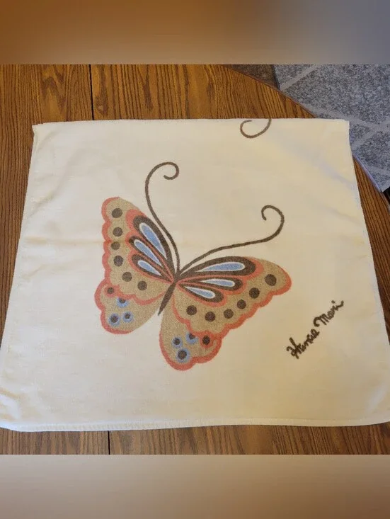 Vintage Maritex Hanae Mori Single Butterfly Bath Towel Cream Brown 1970’s