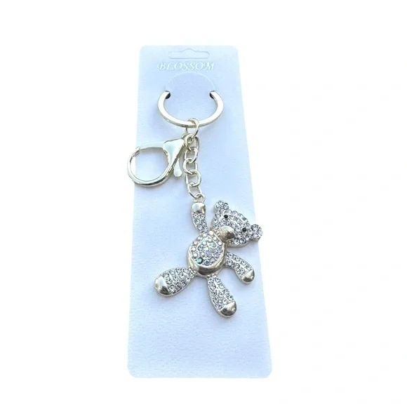 3/$25 Blossom Sparkle Rhinestone Jeweled Gold Teddy Bear Keychain Bag Charm