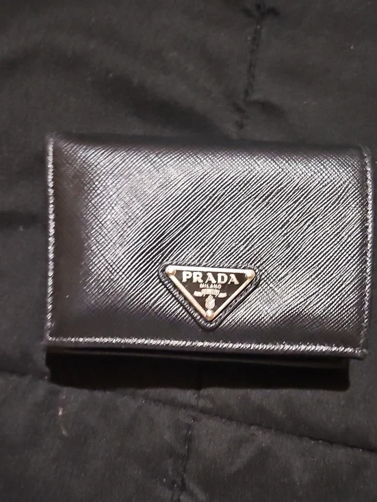 Prada Black Saffiano Tri-fold Card Wallet with Silver Logo