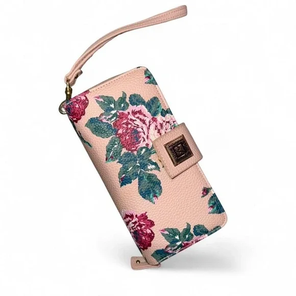 STONE MOUNTAIN PINK FLORAL LEATHER WALLET WRISTLET STRAP‎ NWOT