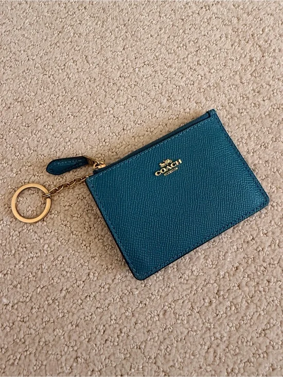 Coach Teal Leather Zip Card Holder with Key Ring