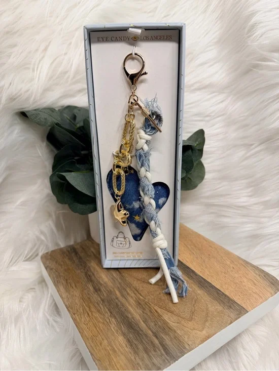 eye candy Blue & Gold Braided Heart Keychain Card Holder Charm