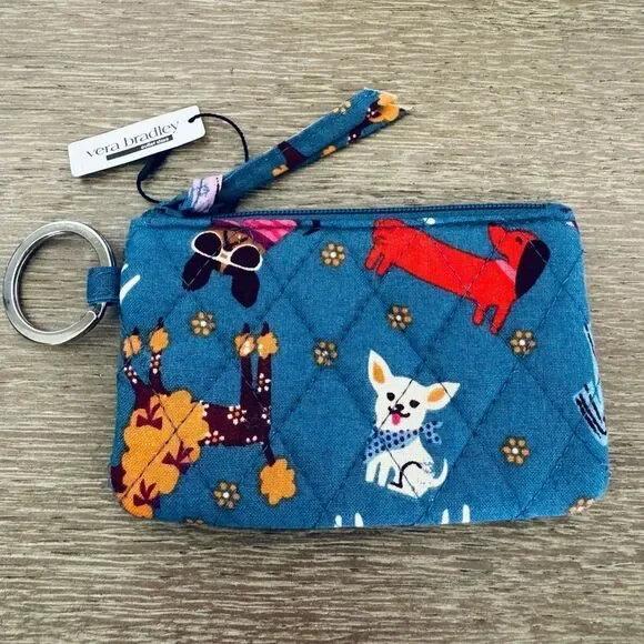 Vera Bradley Bark Park Dog Print Blue Zip ID Case Coin Purse