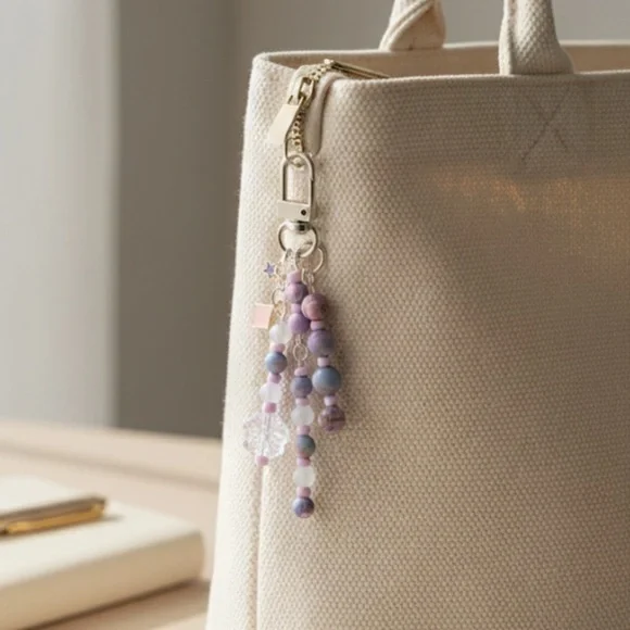 Stunning Pink & Purple Swirl Beaded Bag Charm Keychain with Floral Detail