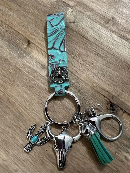 3/$18 Turquoise Western Charm Keychain Wristlet with Skull and Cactus Lot 2144
