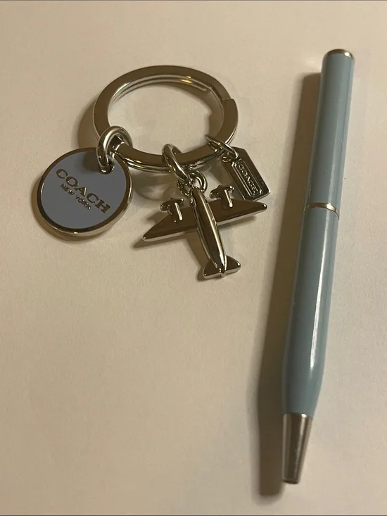 Coach Silver Airplane Keyring with Light Blue Round Charm and Coach Pen