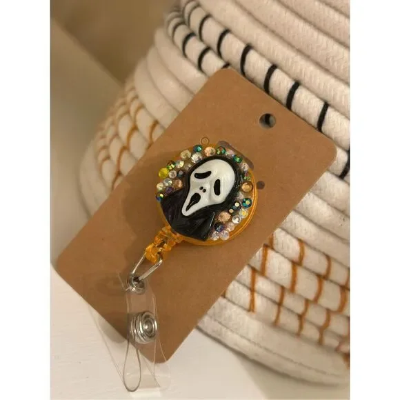 Orange Black and White Scream Ghostface Badge Reel Badge Holder New