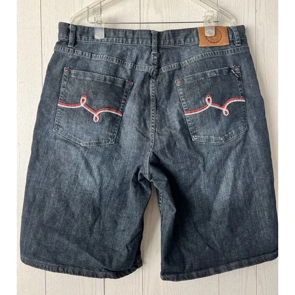 Vintage Y2K LRG Denim Shorts Mens 38 Baggy Embroidered Skater Hip Hop Jean Jorts